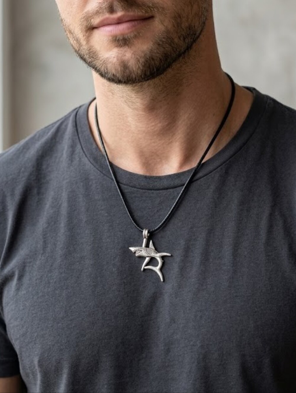 18in Silver Shark Pendant Necklace on Black Cord- Brand New